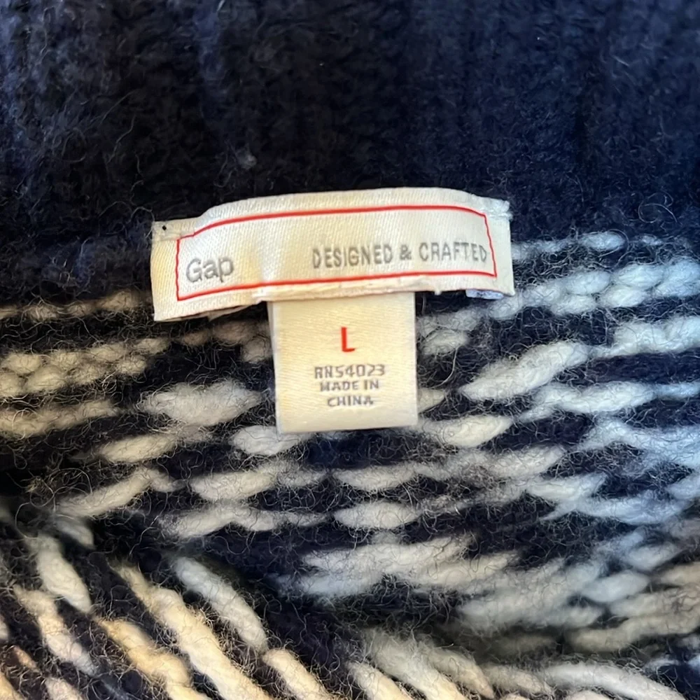 Gap Blue & White Stripe & Fair Isle Shawl Cardigan Wool Blend buttons Size Large
